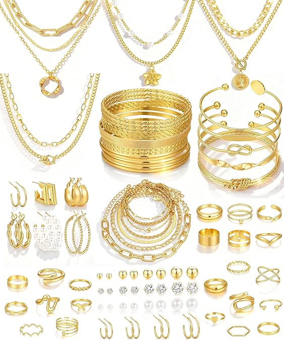 78 Pieces Gold Jewelry Set for Women, 9 Necklace