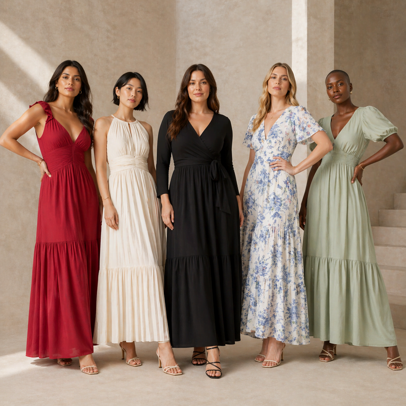 Collection of maxi dress for women in color red, white, black, floral and olive green