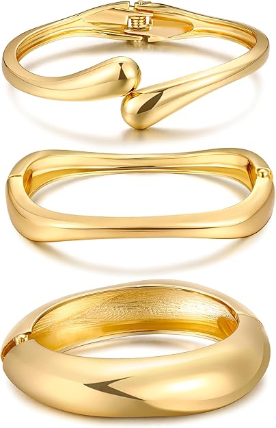 Chunky Gold Bangle Bracelets for Women, Dainty 14k Gold Plated Big Stackable Bangles Set