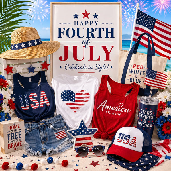 Fouth of July Banner with Flags, Hats Tank tops and Water bottle with all Fouth of July Theme.