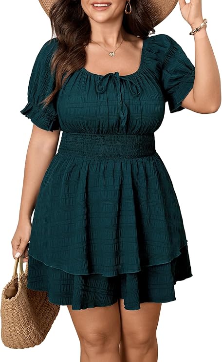 Plus Size Summer Romper Dress for Women Square Neck Short Sleeve 