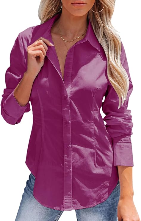 Women's Button Down Shirts - Long Sleeve Dress Shirts Wrinkle Free Collared