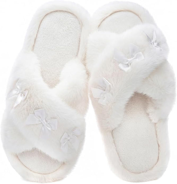 Women's Fluffy Cross Band Slippers - Soft Plush Indoor House Slides 