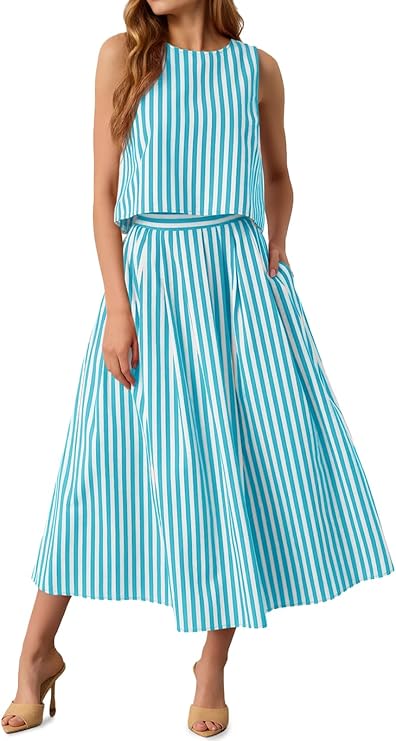 Womens two Piece Skirt Sets in stripe Aqua blue and white