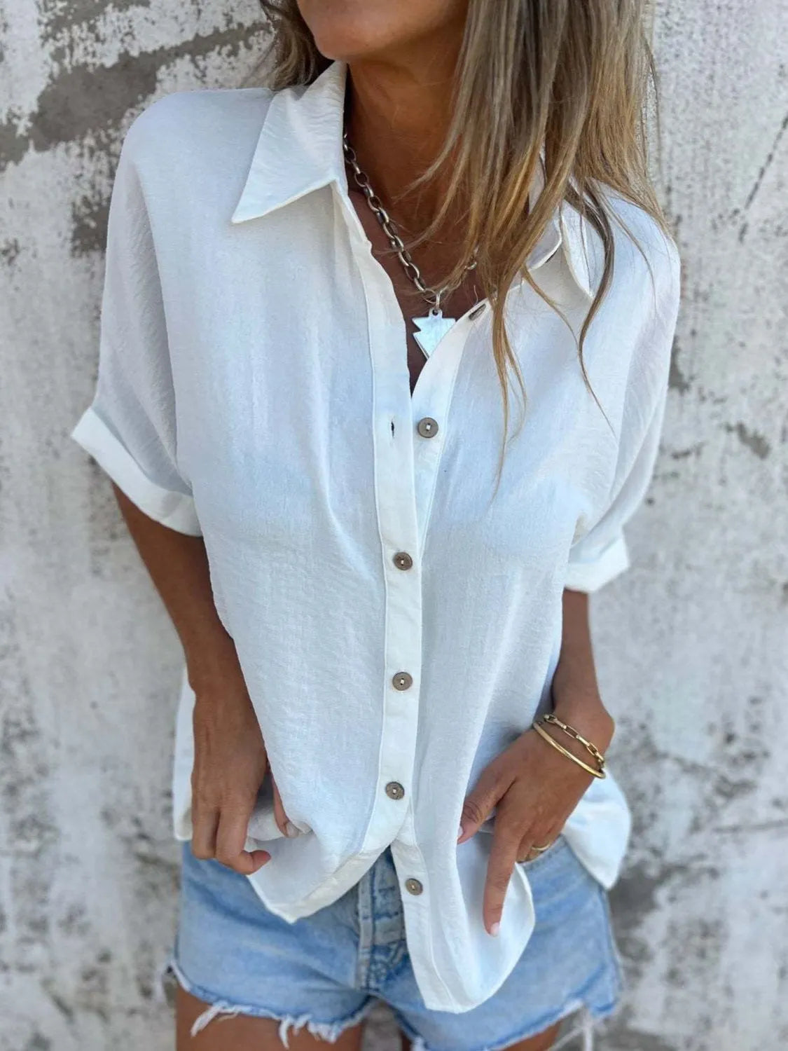 Full Size Collared Neck Half Sleeve Shirt Plus Size
