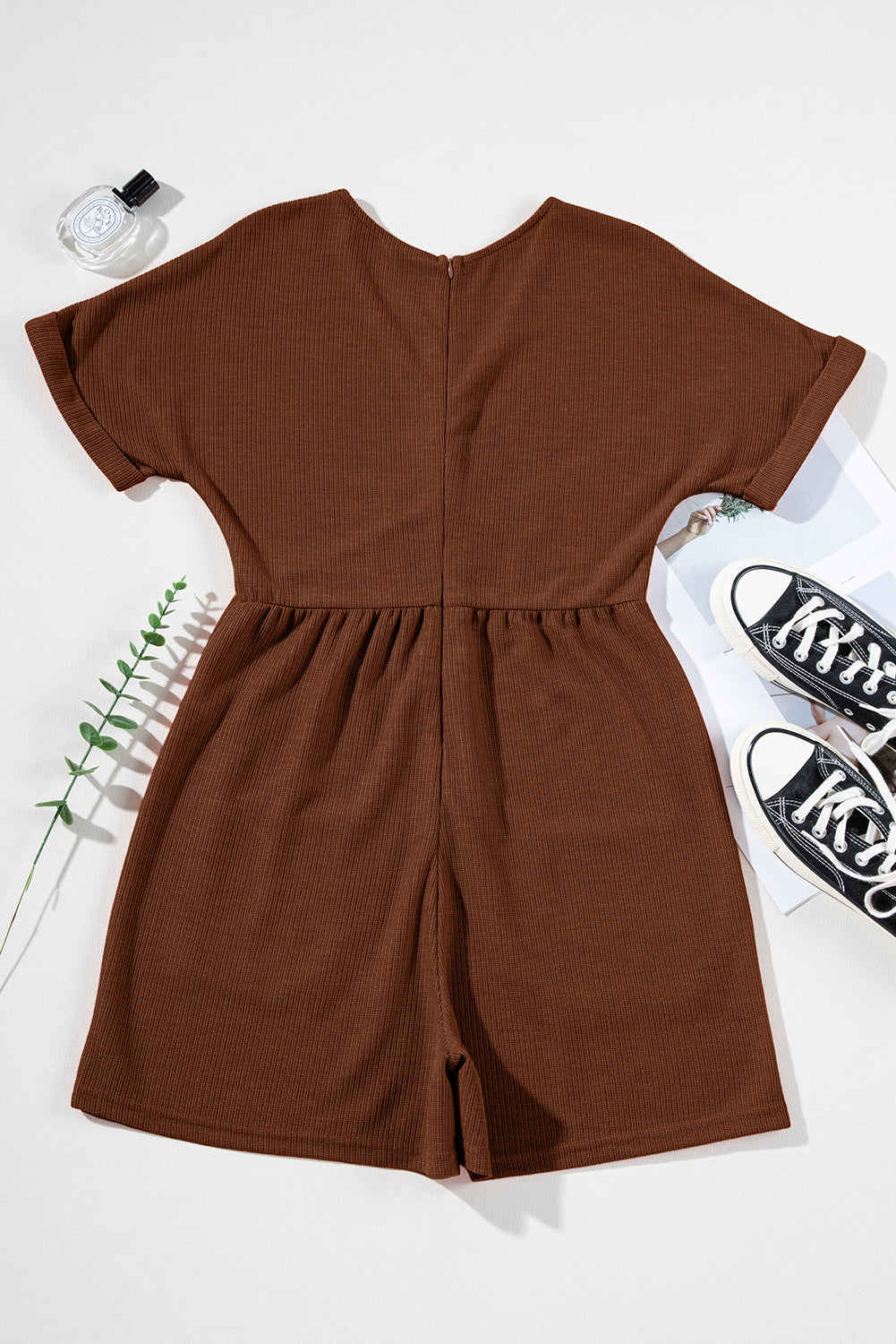 Solid Textured Knit V-Neck Zip Up Romper