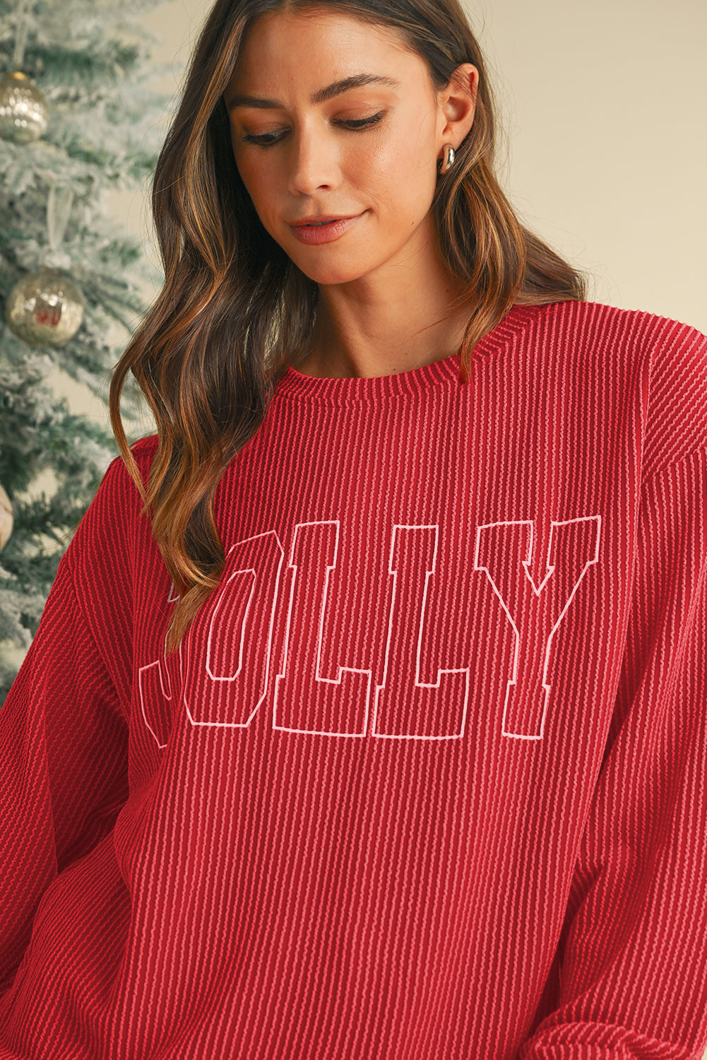 Red Crinkle Rib JOLLY Pattern Long Sleeve Top and Pockets Pants Set