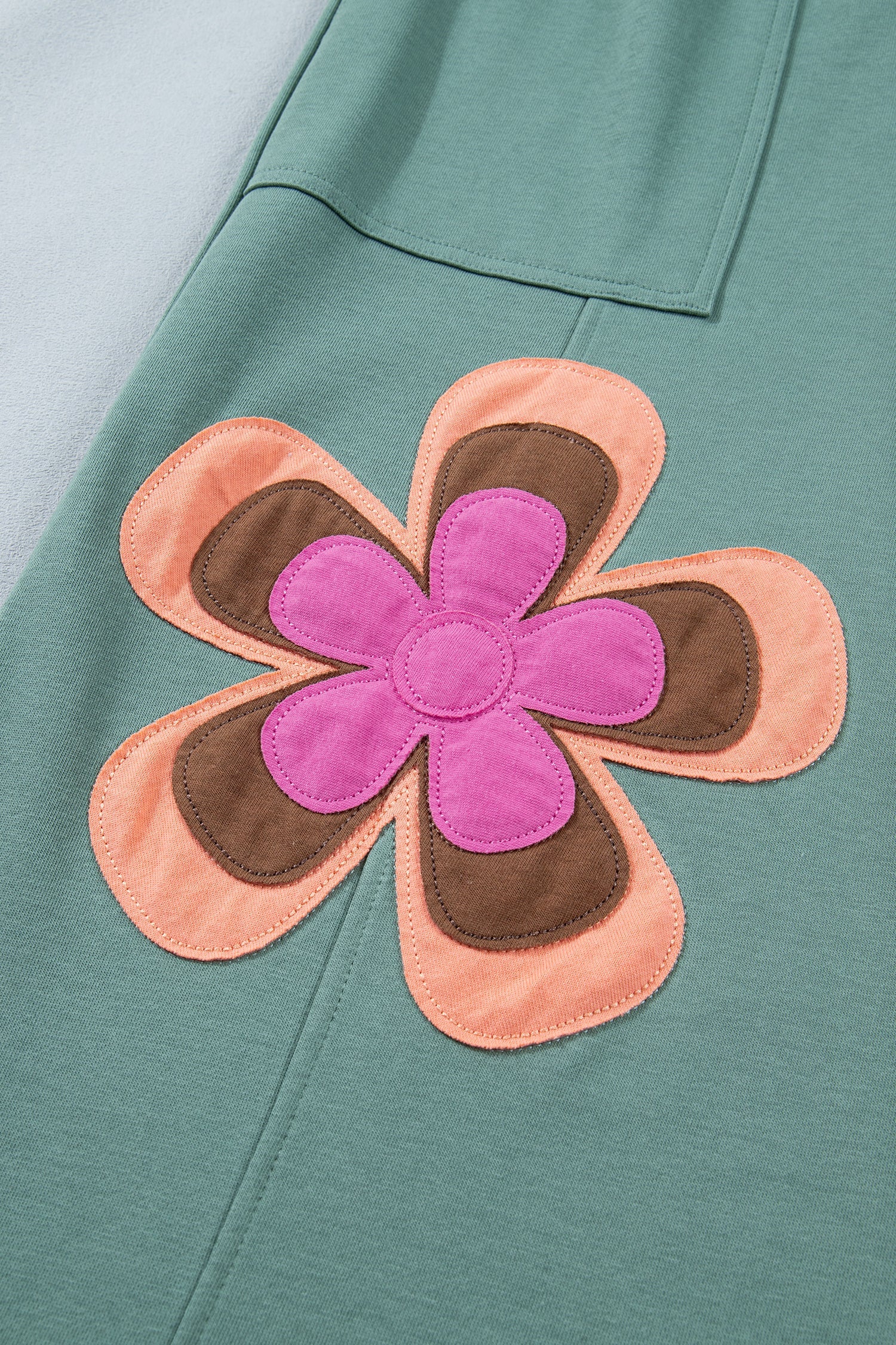 Sea Green Color Block Flower Patchwork Drawstring Contrasted Elastic Waist Wide Leg Pants