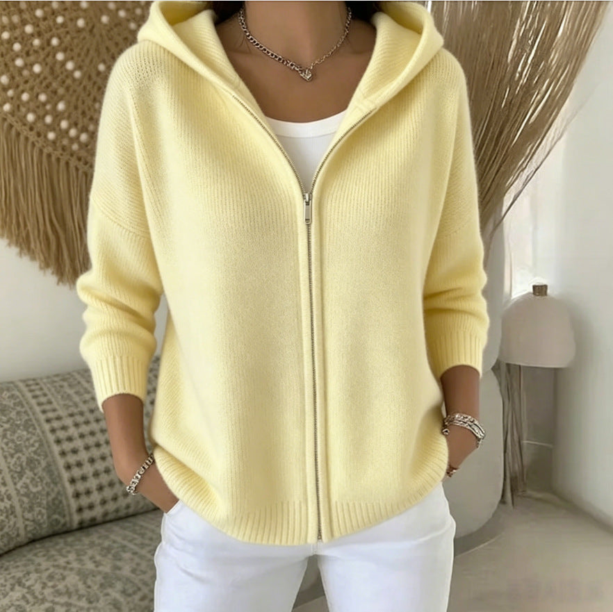 Zip-Up Knitted Hooded Cardigan Coat – Women’s Sweater in yellow