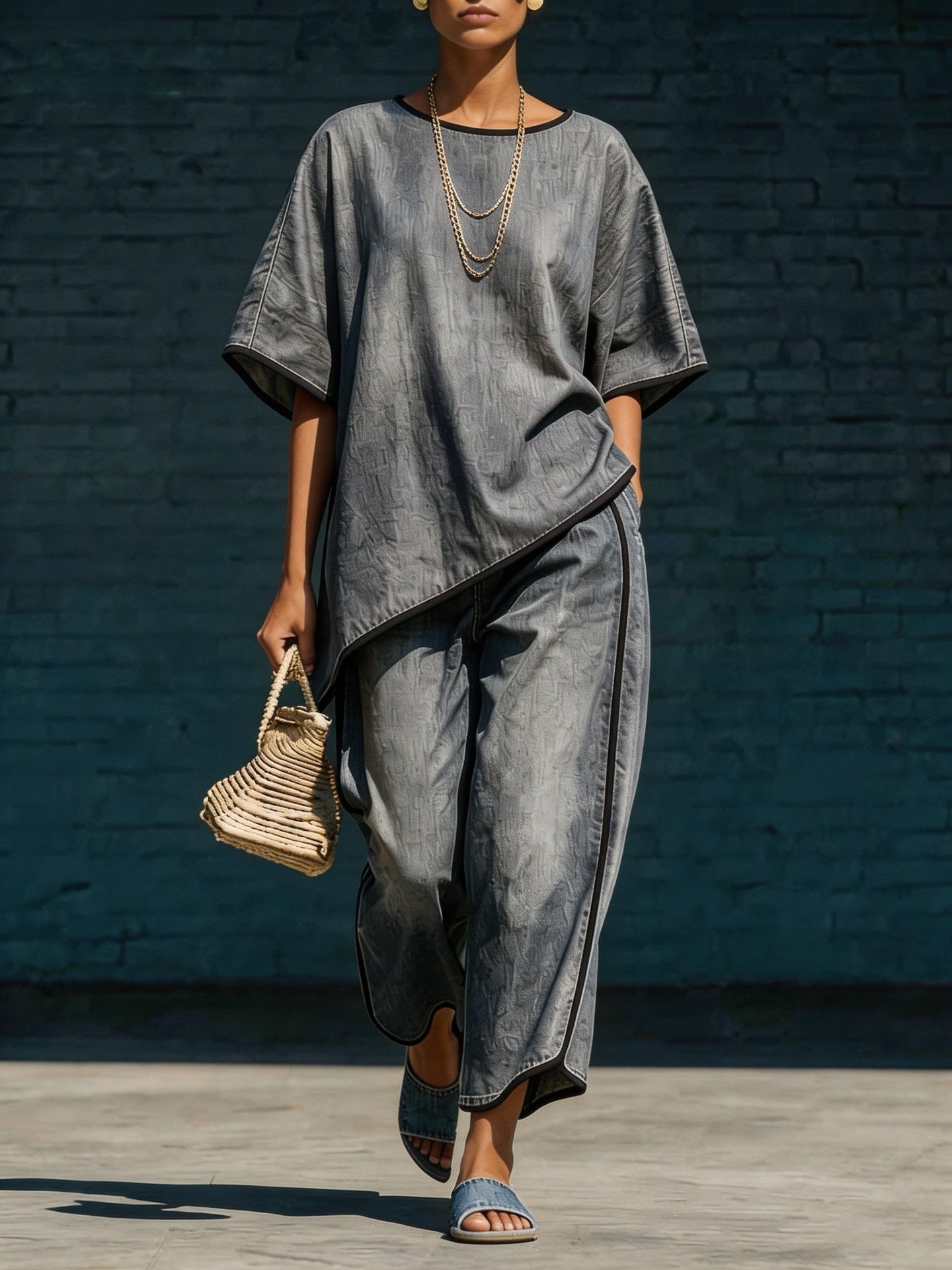 Damen Strick-Top und Hose mit weitem Bein im Denim-Stil – 2-teiliges Freizeit-Set