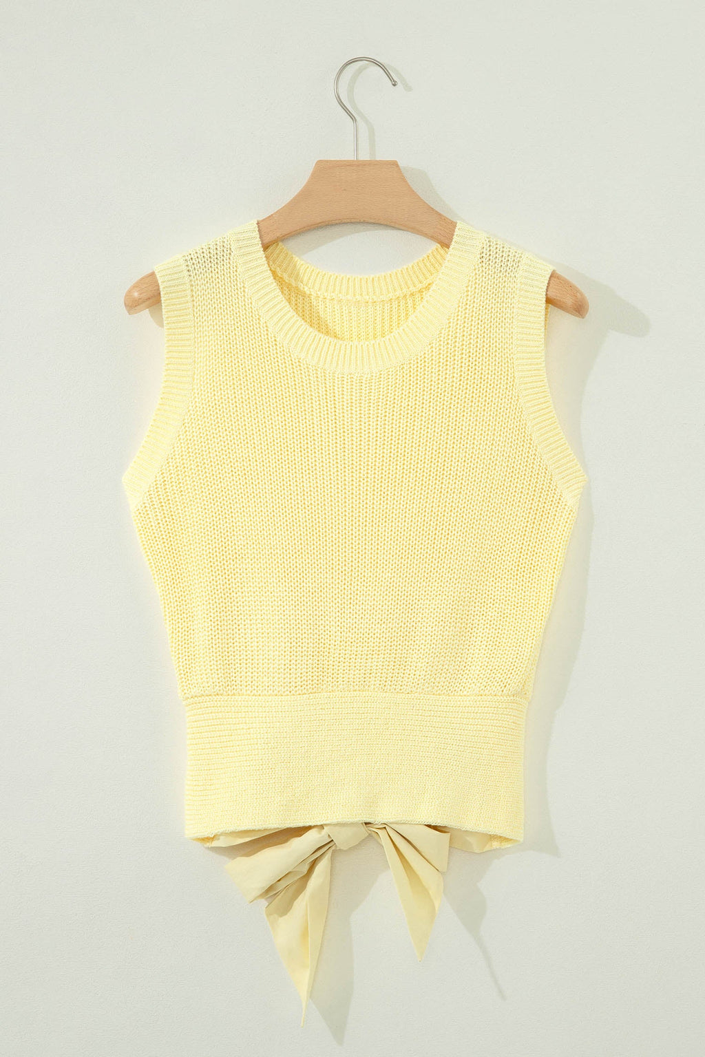 Yellow Cream Solid Color Cropped Knit Knot Back Cutout Sweater Tank