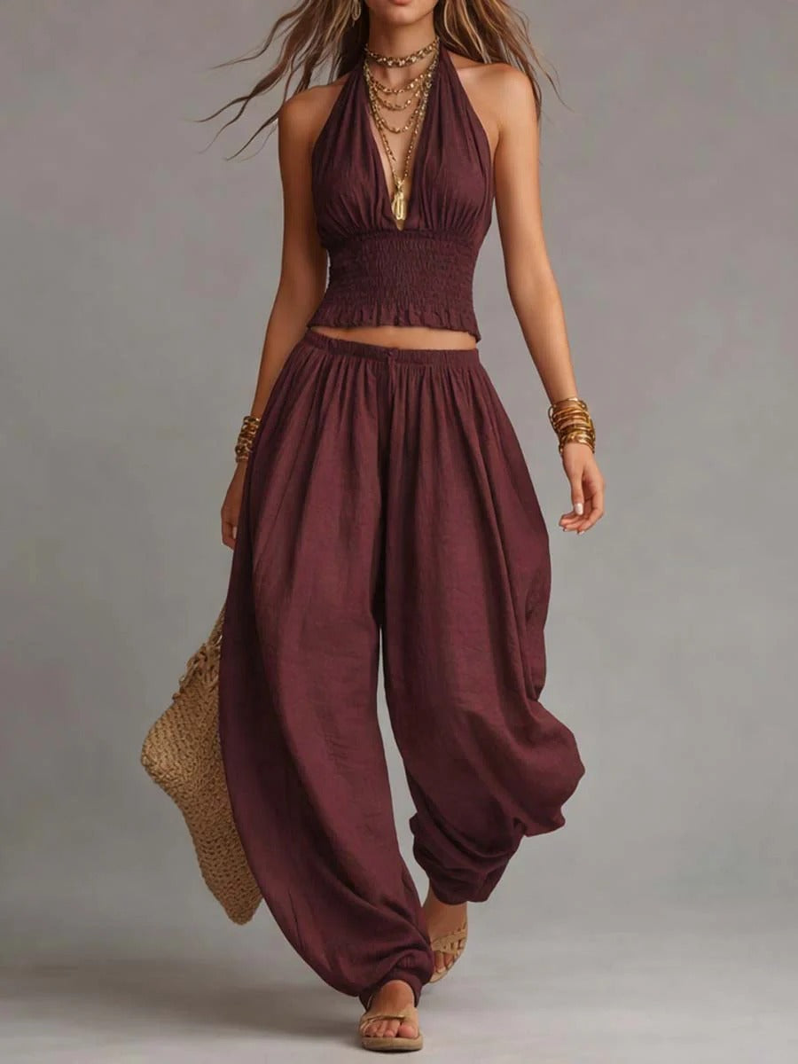 Damen ärmelloses, rückenfreies Neckholder-Top & weite Hose Set