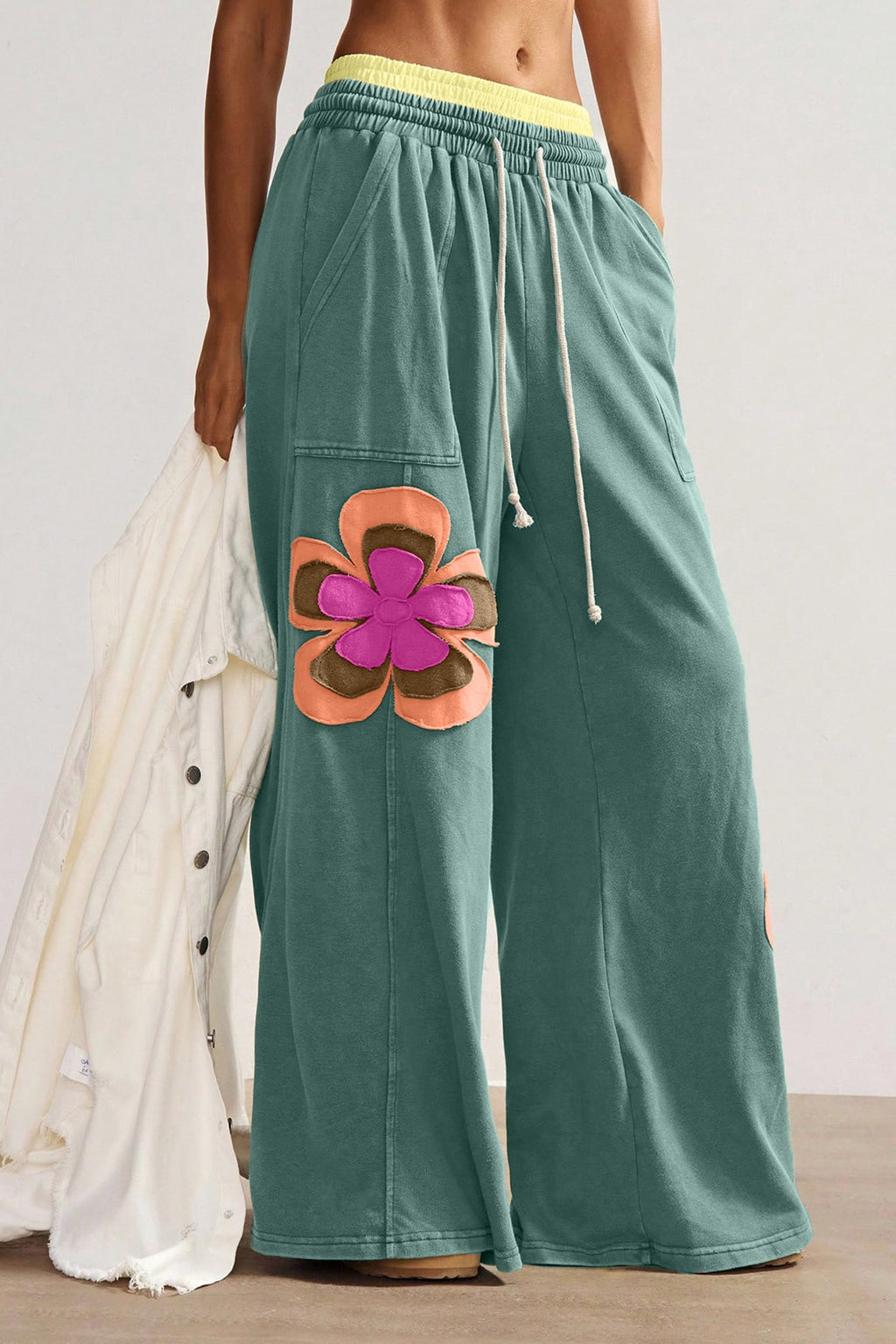 Sea Green Color Block Flower Patchwork Drawstring Contrasted Elastic Waist Wide Leg Pants