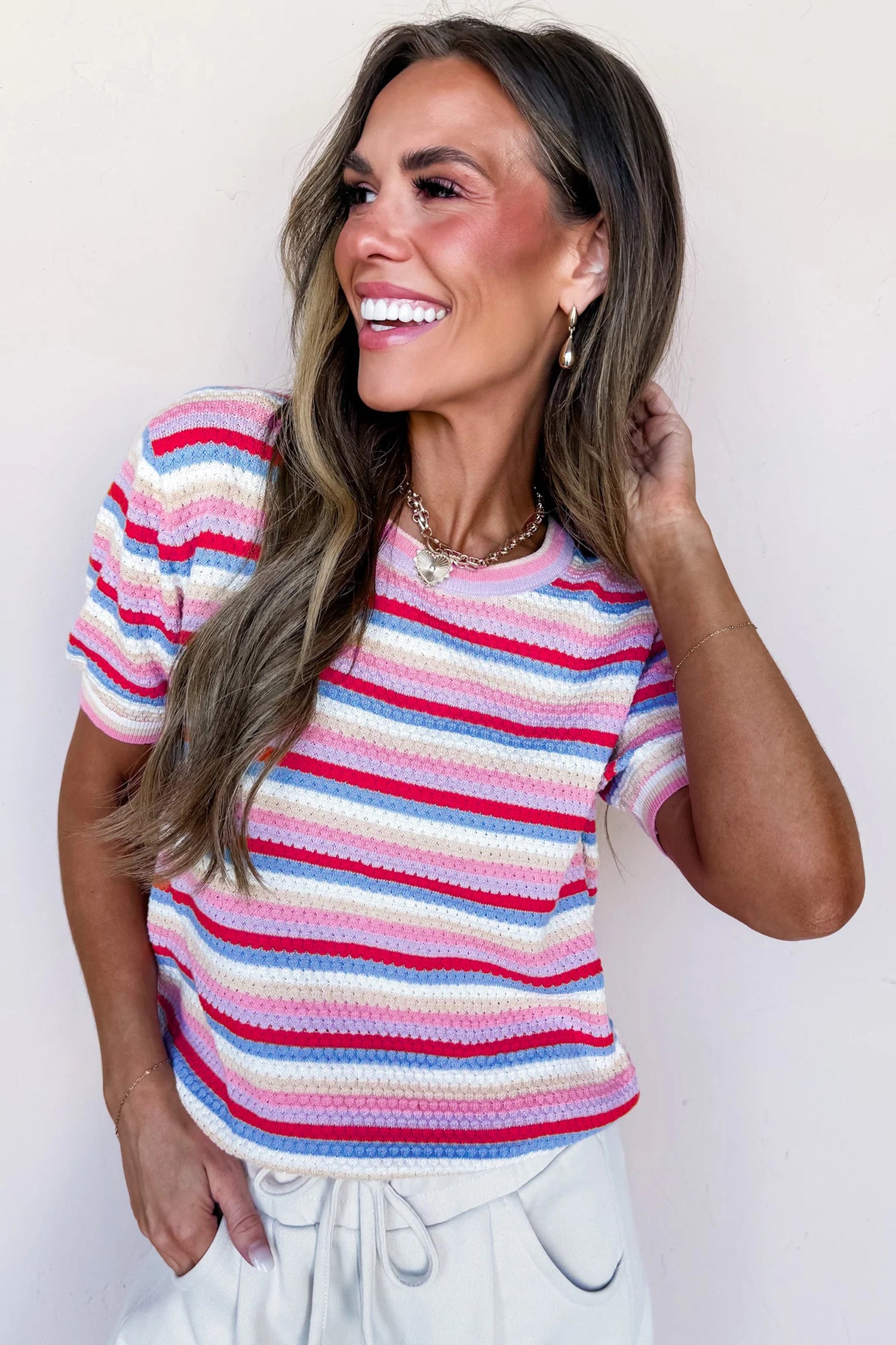 Multicolour Textured Stripes Knit Short Sleeve Sweater