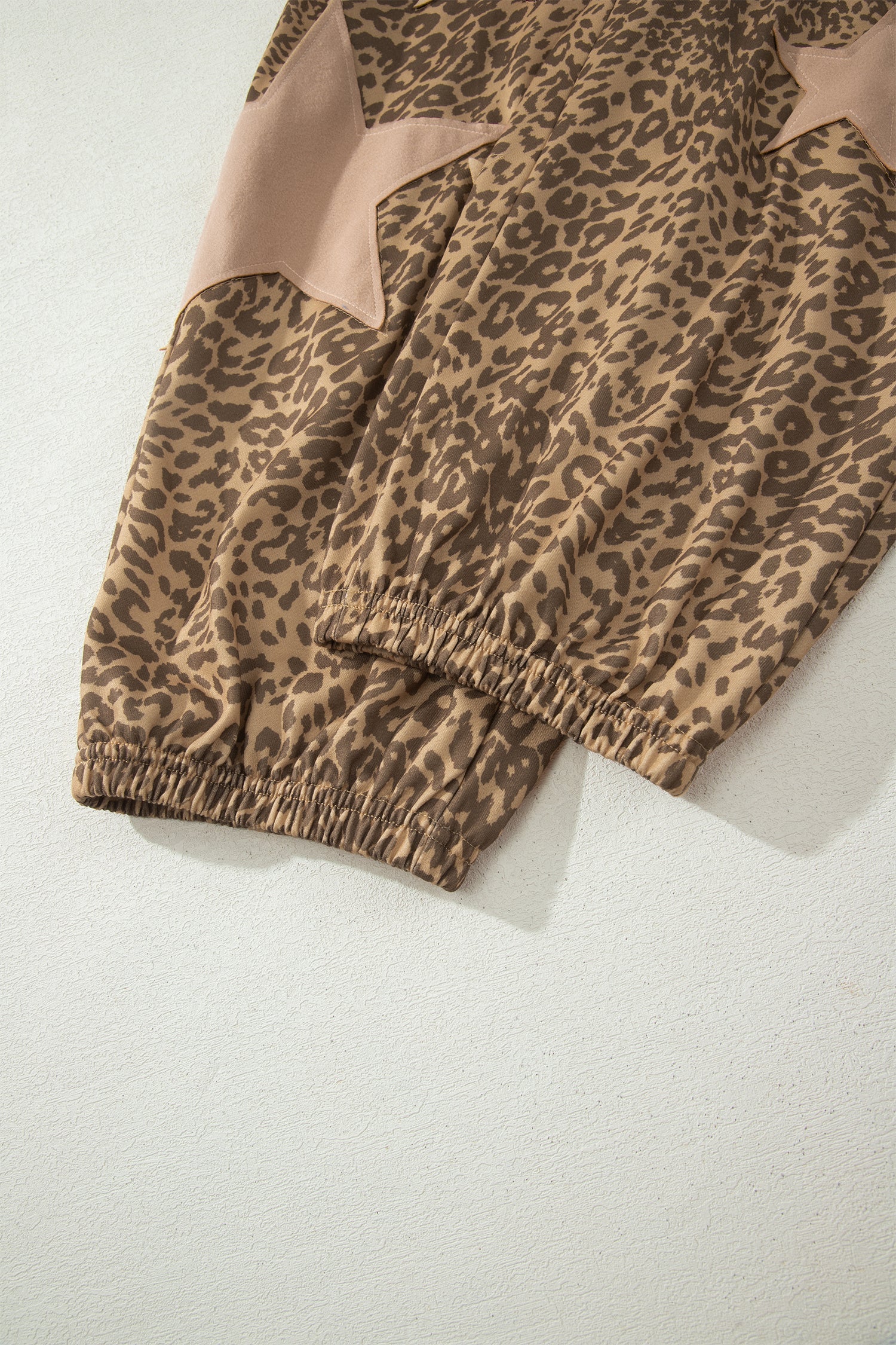 Khaki Leopard Print Star Patched Drawstring Elastic Waist Jogger Pants