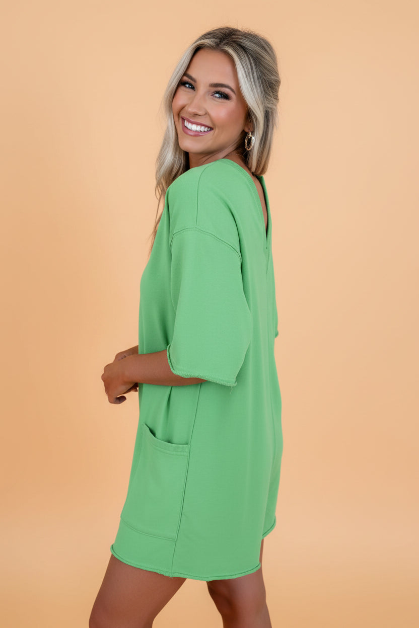 Solid Raw Edge 3/4 Sleeve Pocketed Loose Romper