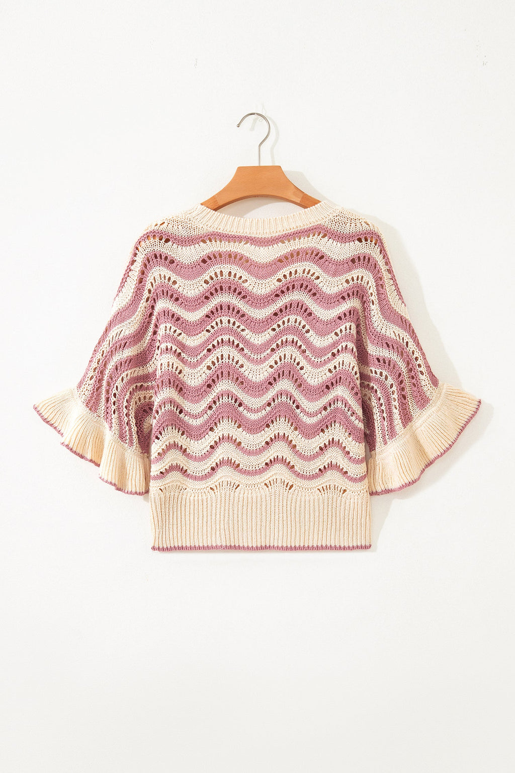 Beige Stripe Wavy Crochet Eyelet Detail Ruffle Half Sleeve Sweater
