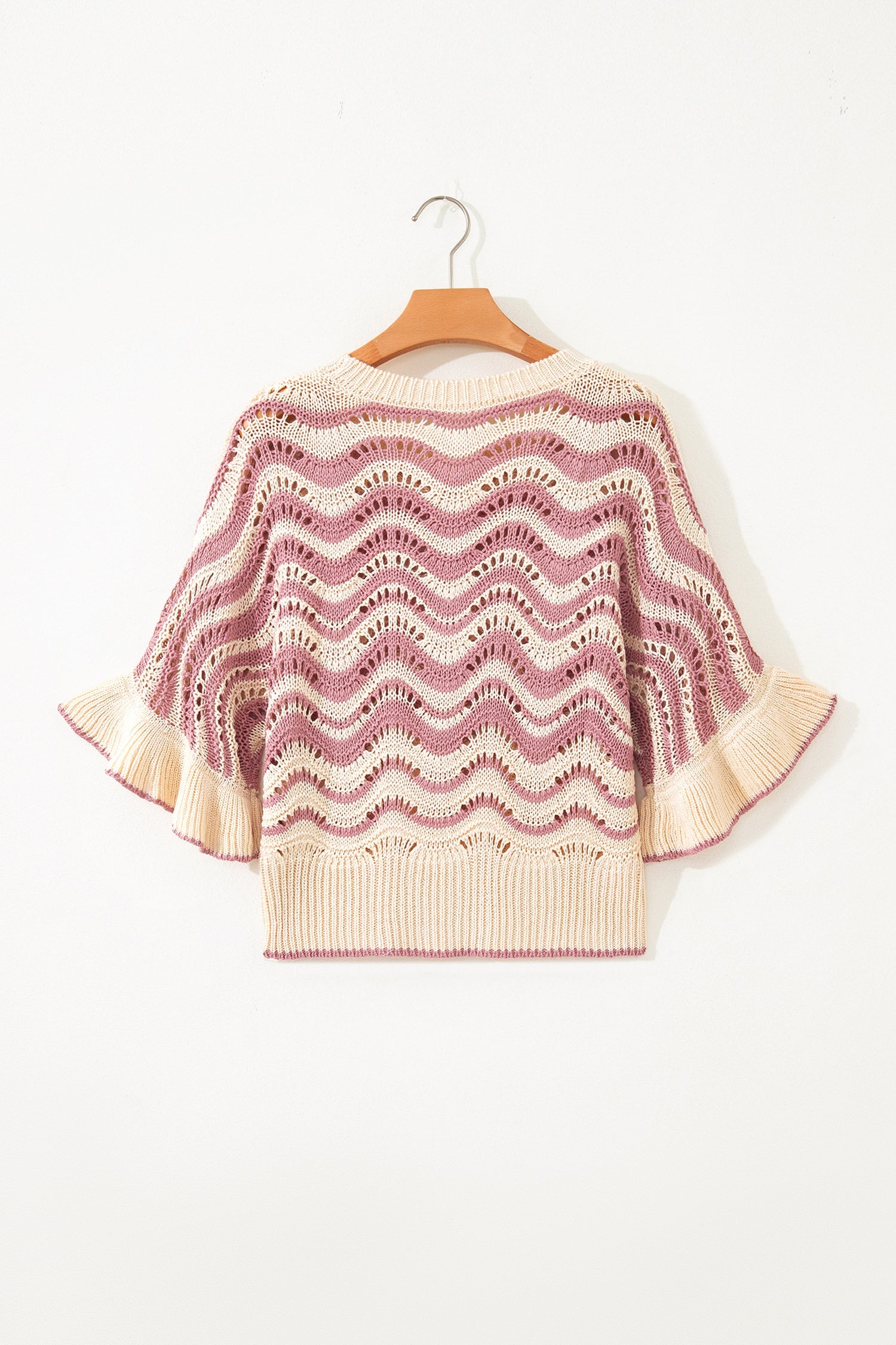 Beige Stripe Wavy Crochet Eyelet Detail Ruffle Half Sleeve Sweater