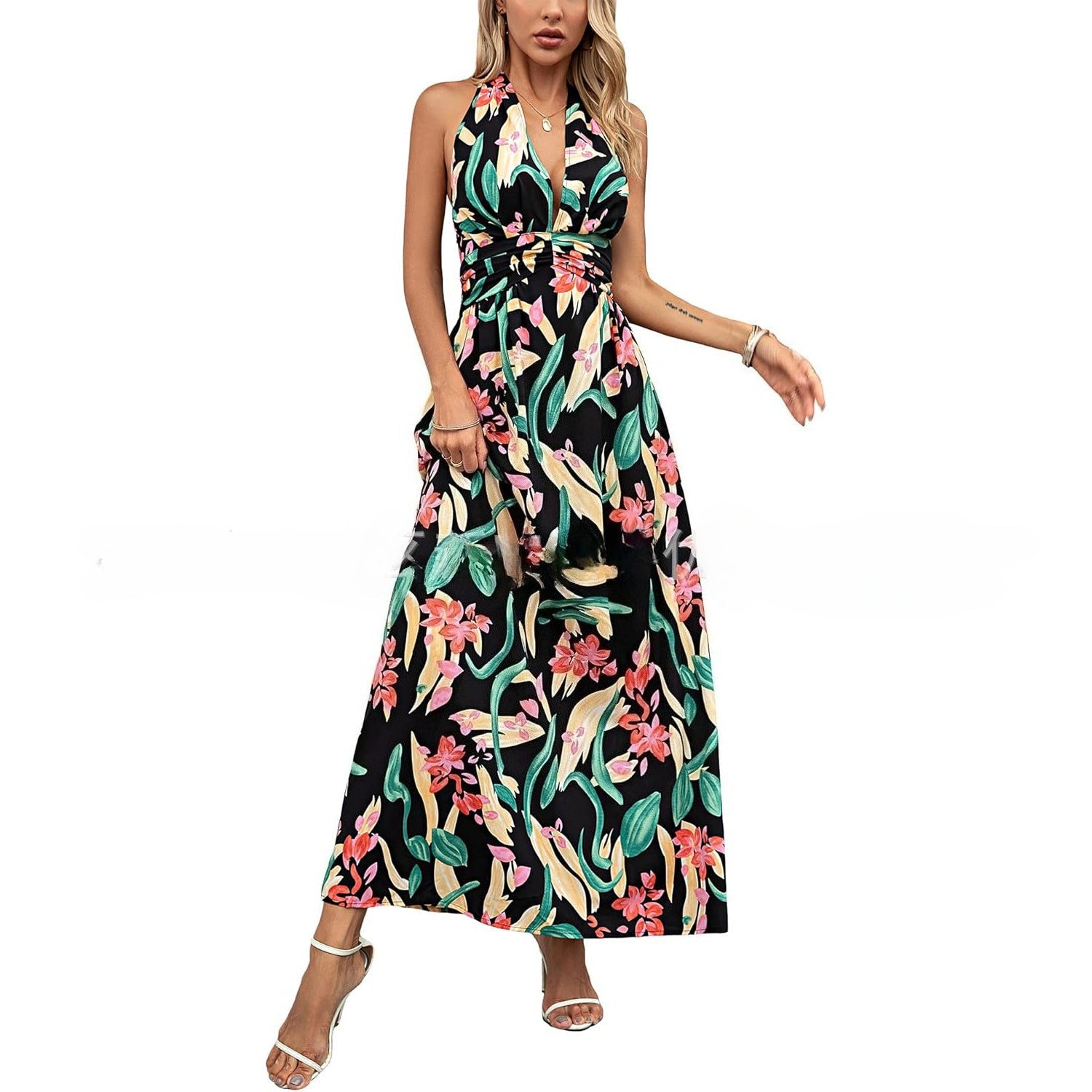 Women's Halter Neck Printed Bohemian Dress Vacation Beach Maxi Dress