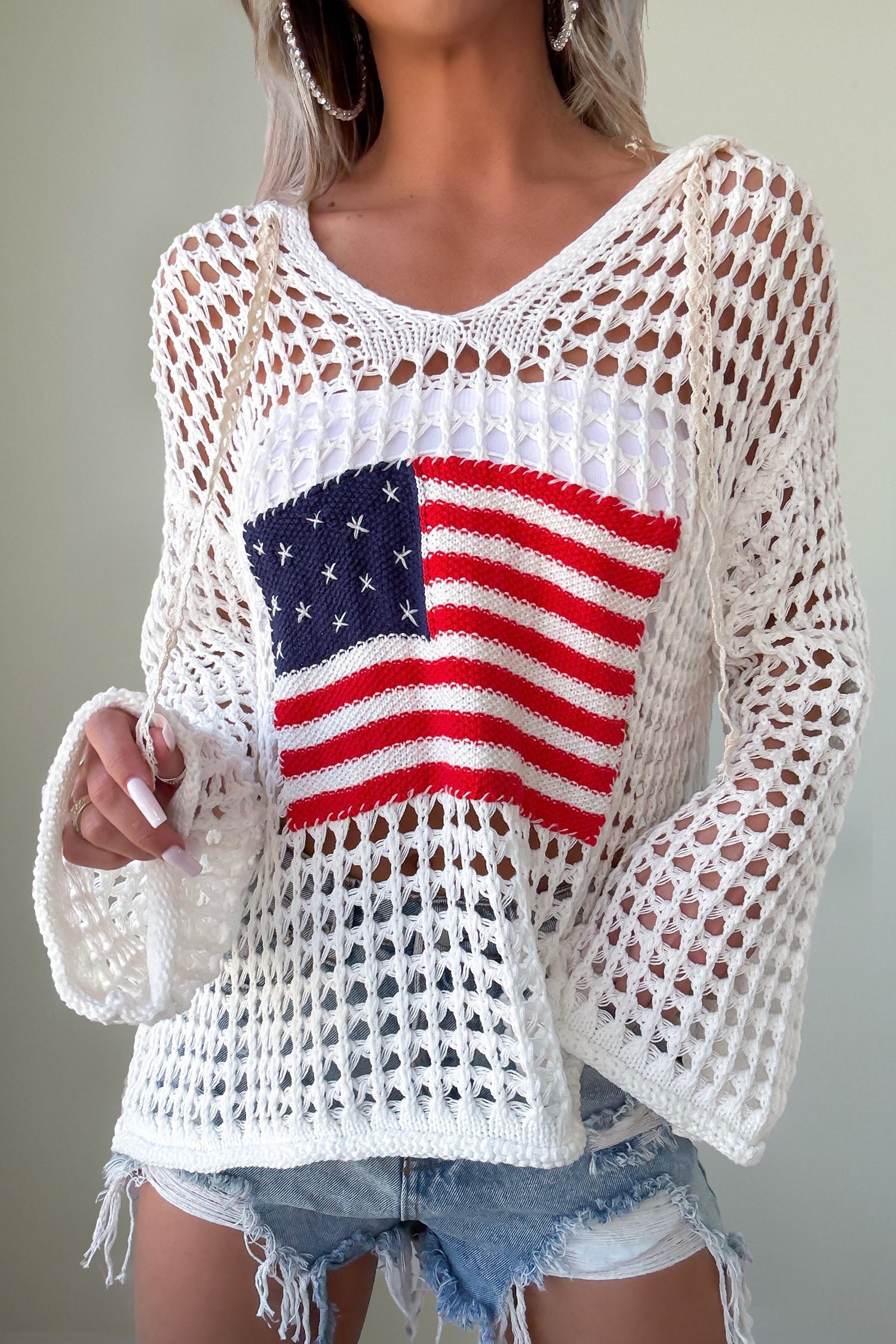 Beau Blue Hollow Out Crochet Knit American Flag Patched Sweater Hoodie