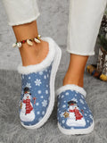 Snowman Print Flat Slippers with Faux Fur