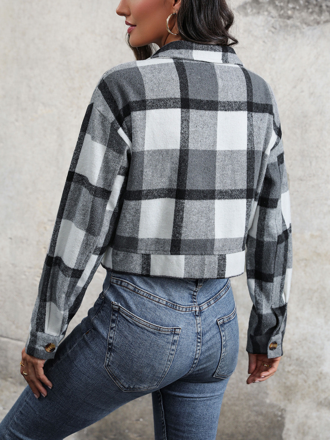 Women Perfee Plaid Button Up Drop Shoulder Cropped Jacket