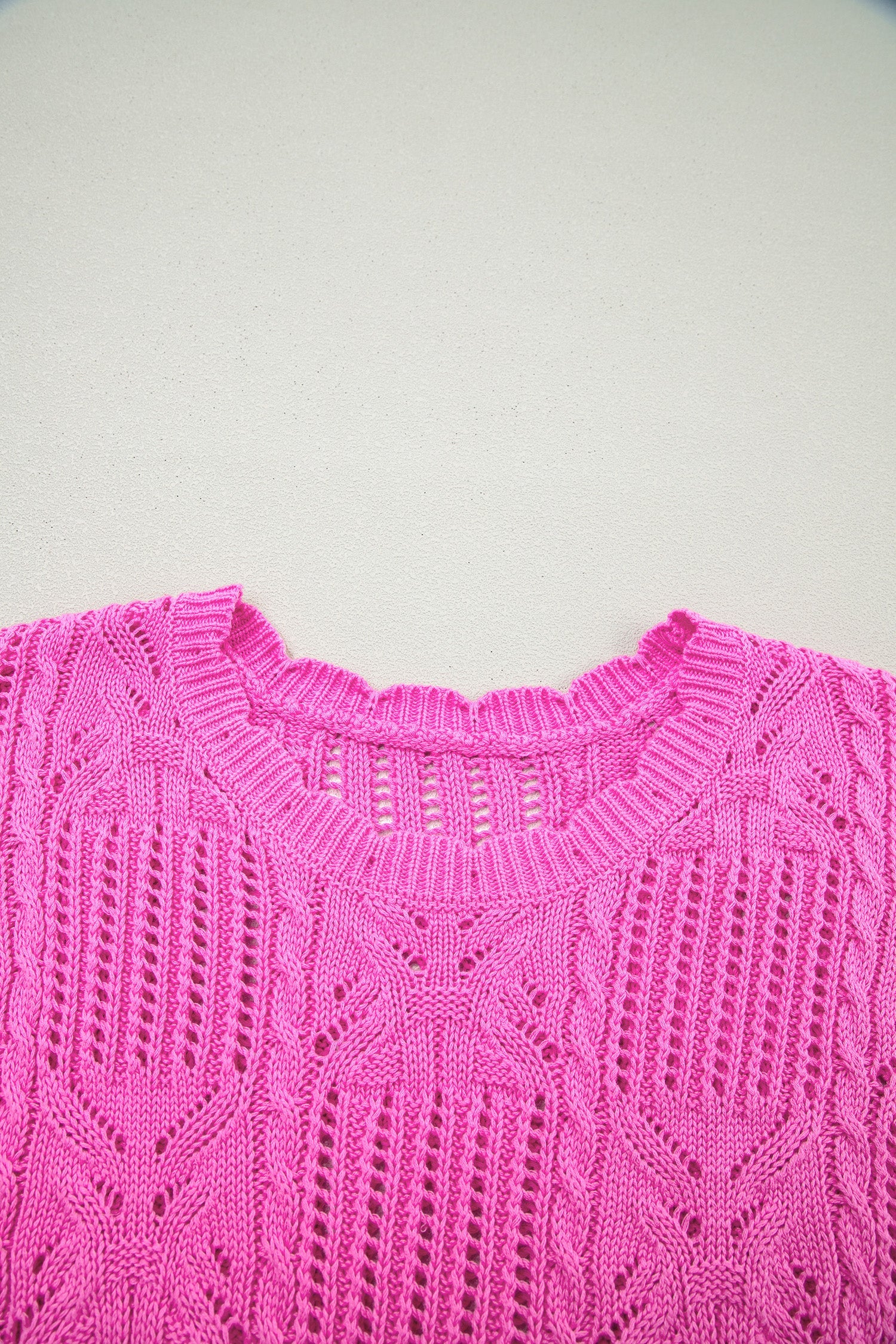 Bonbon Pointelle Knit Patterned Scalloped Trim Short Sleeve Sweater