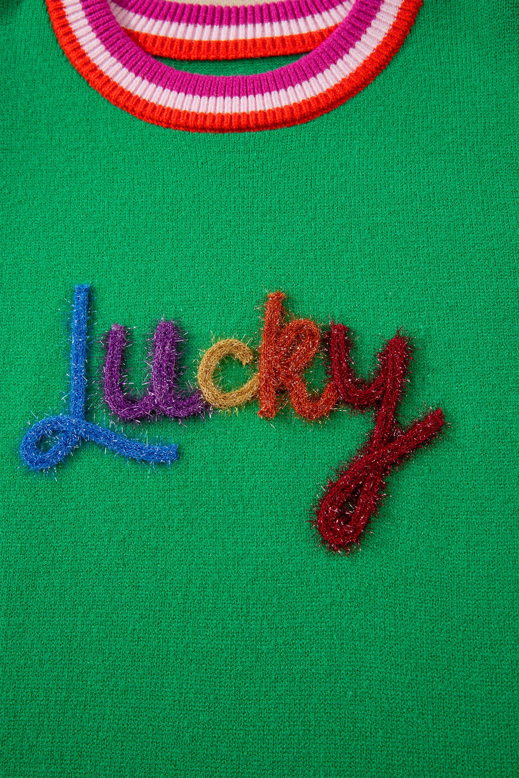 Bright Green Shiny Lucky Striped Flutter Sleeve Round Neck Sweater