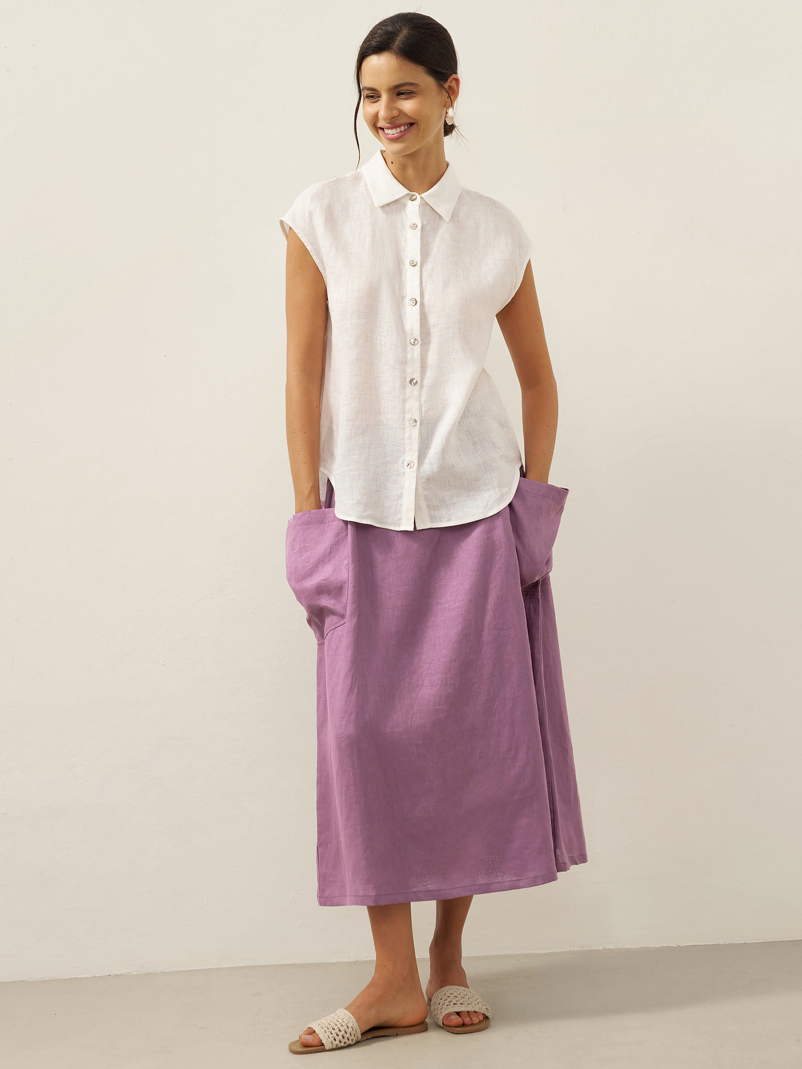 Linen Checked Elastic Waist Skirt MARINA