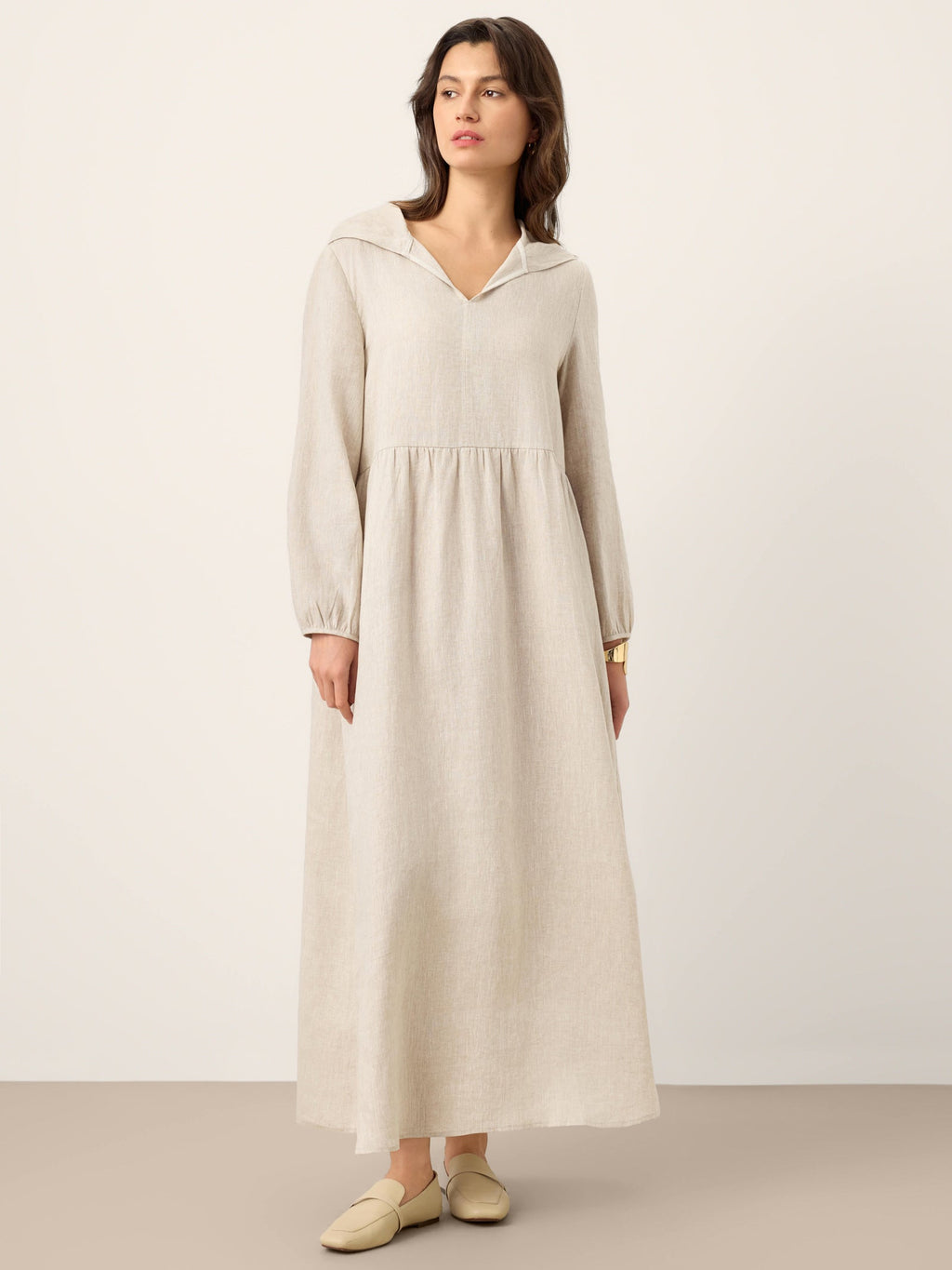 100% Linen Sculpted-Hood Caftan Maxi Dress LINETTE