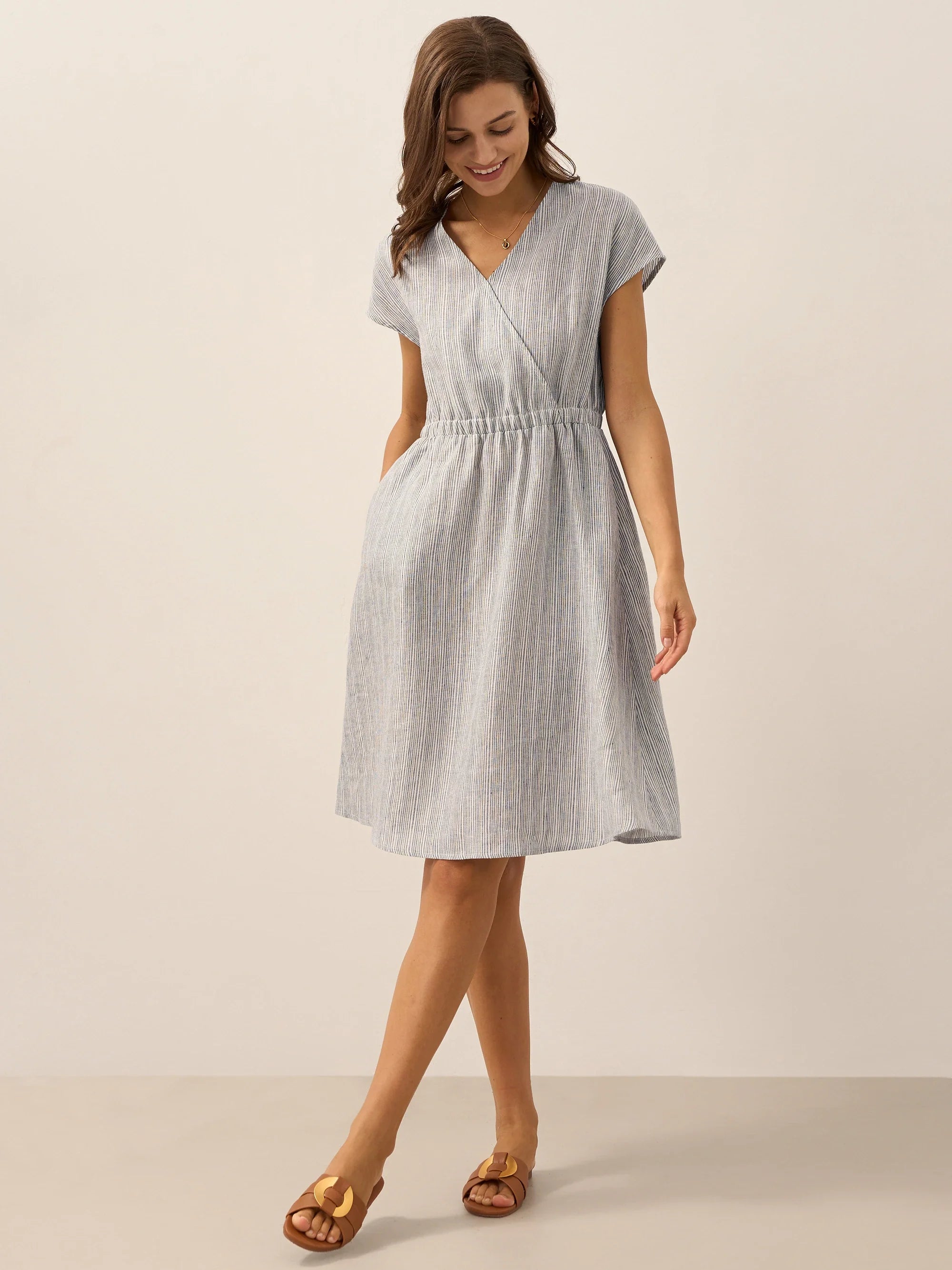 100 % Leinen gestreiftes Minikleid ARIA mit elastischem Bund
