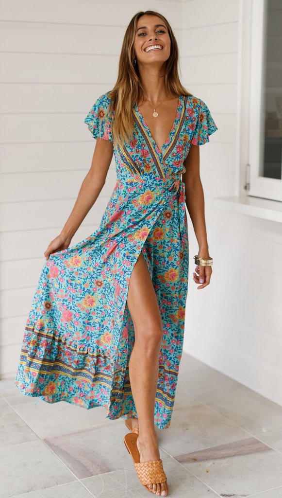 Women's Viscose Bohemian Printed Dress Vacation Beach Maxi Dress Casual