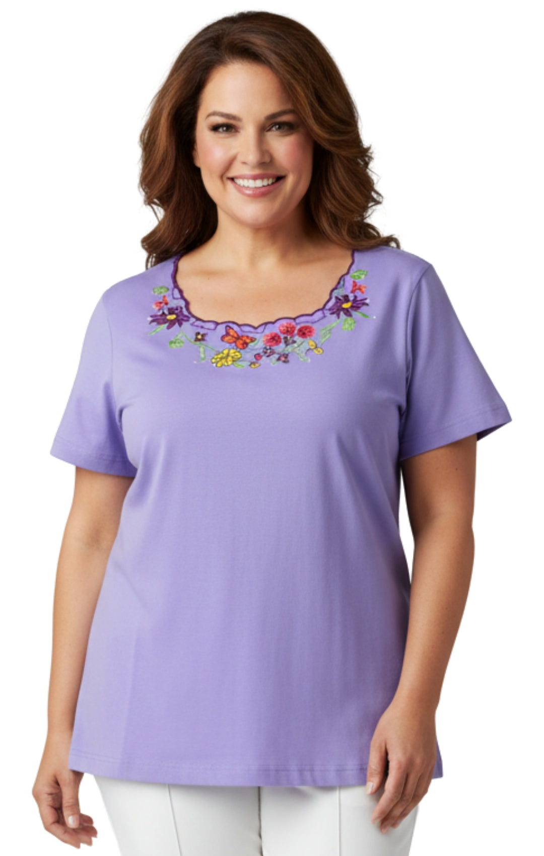Women's Scalloped Neckline Embellished Tee