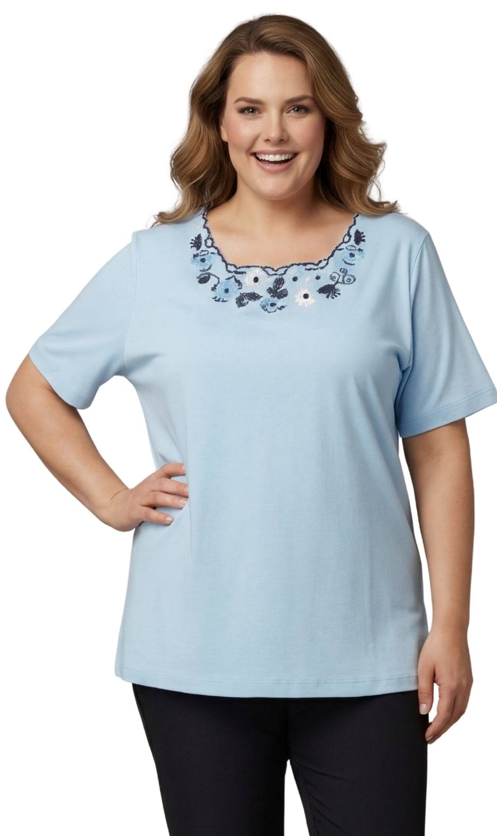 Verziertes Damen-T-Shirt mit Wellenausschnitt