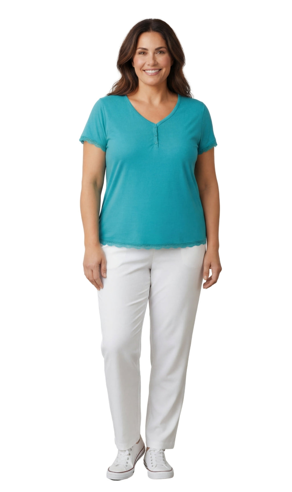 Women's V-neck Short Sleeve Tshirt with A Three Button Placket