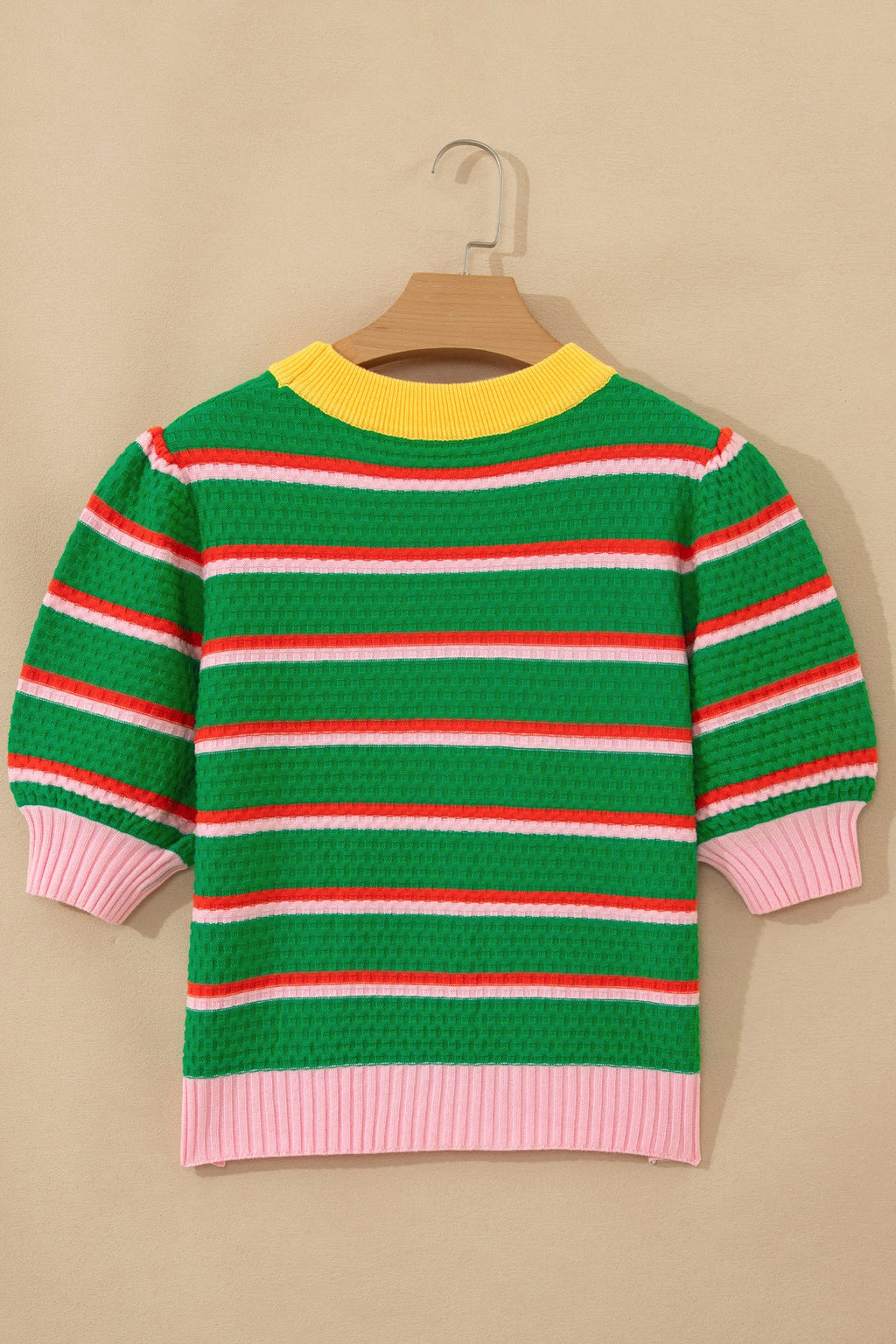 Green Stripe Colorblock Trim Half Sleeve Sweater Top