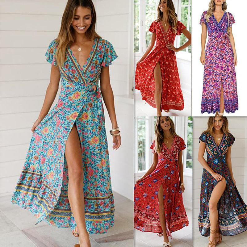 Women's Viscose Bohemian Printed Dress Vacation Beach Maxi Dress Casual