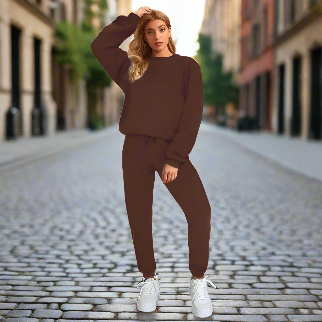 Damen Pullover & Freizeithose Set mit Rundhals und einfarbigem Design