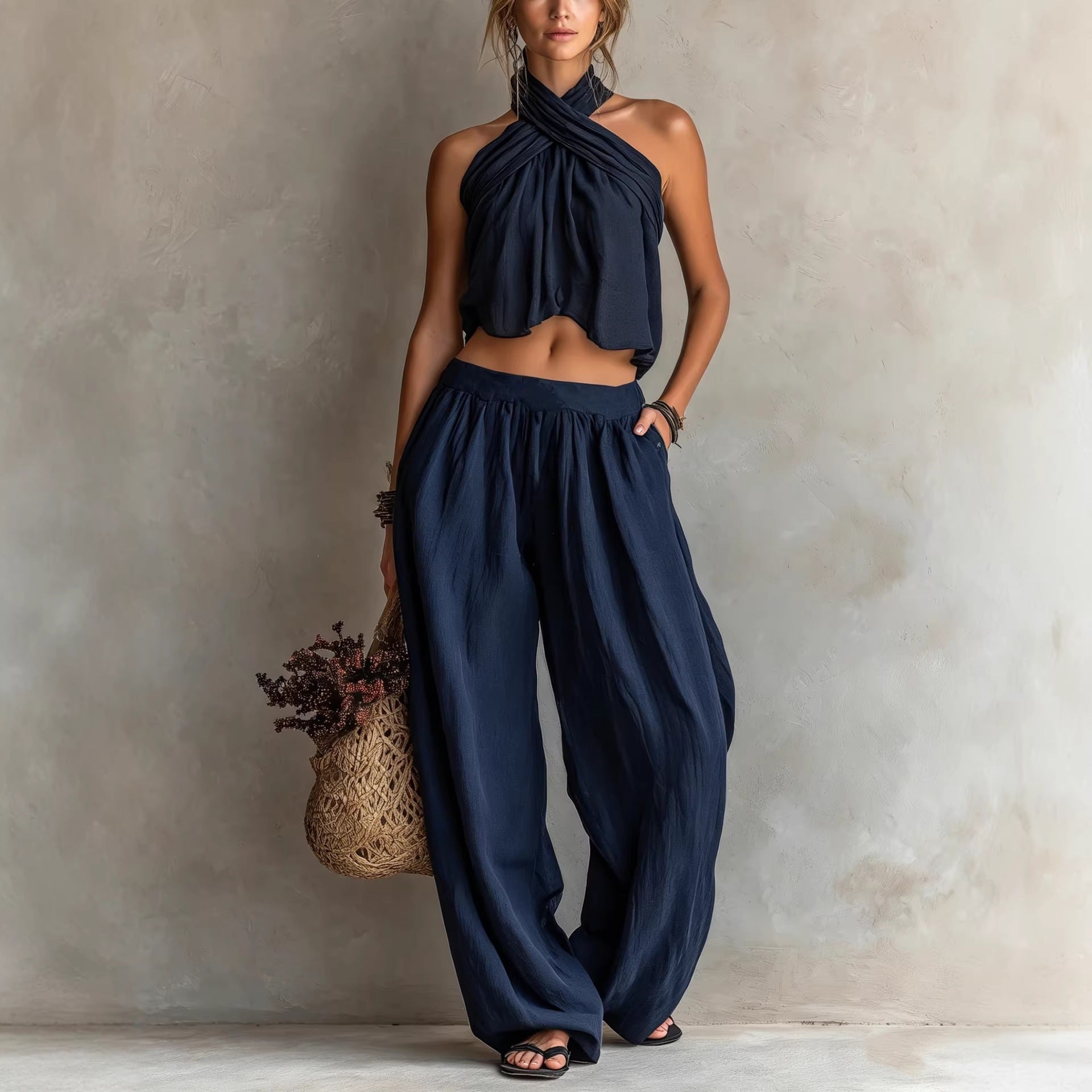 Damen Ärmelloses Oberteil & Weite Hose – Leinen-Mix