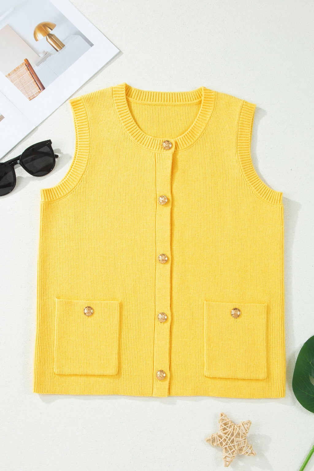 Yellow Cream Solid Color Sleeveless Knit Button Pocketed Sweater