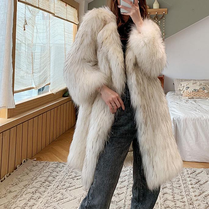 Women Long Fox Fur Trench Coat
