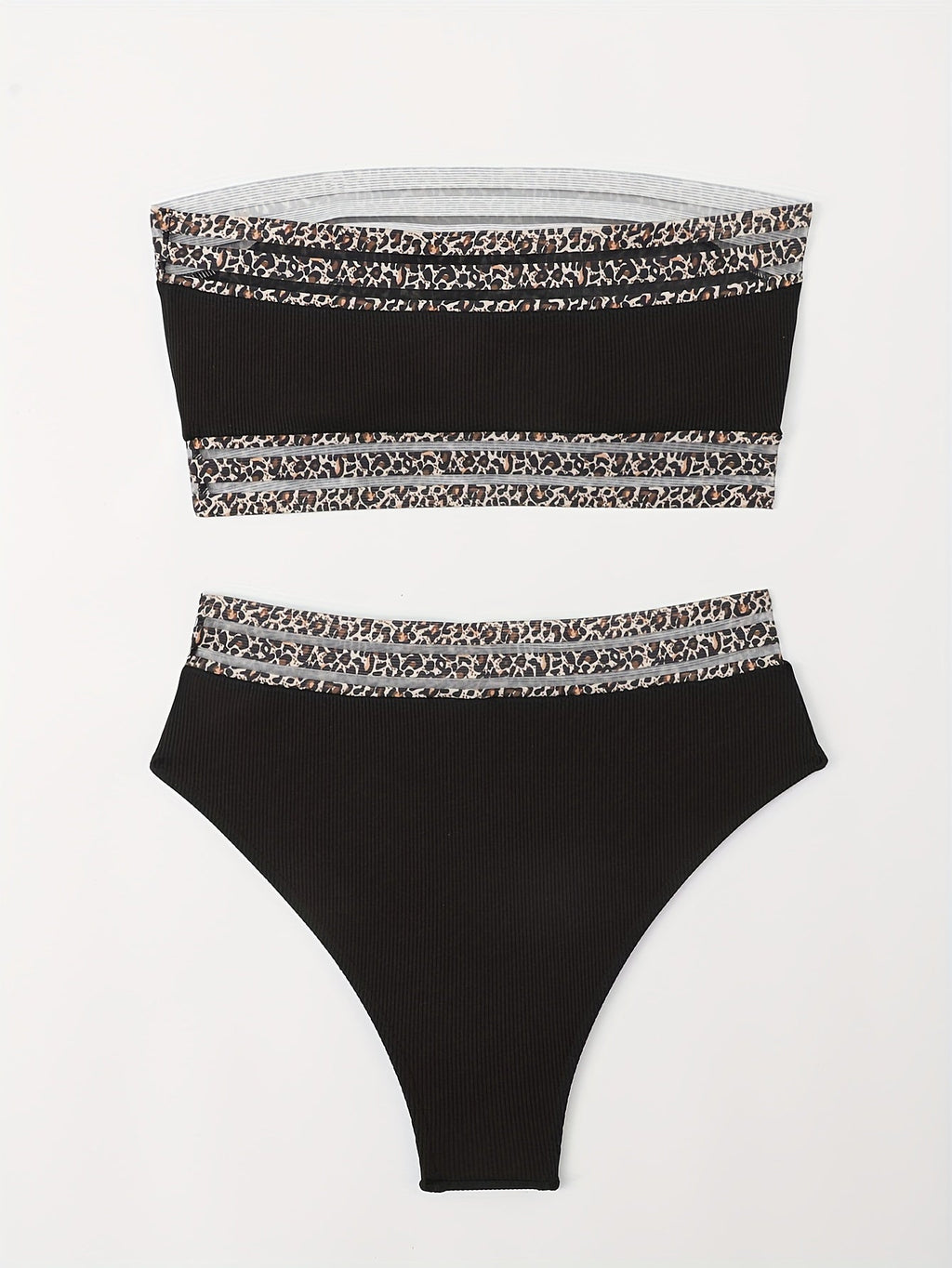 Bikini Leopard Print High Waist Bandeau 2 Piece Swimsuit for Women – Super Stretchy Bikini Set with Seductive Mesh Detail and Flattering Fit – Chic Animal Print Swimwear for Beachwear Poolside and Summer Vacations