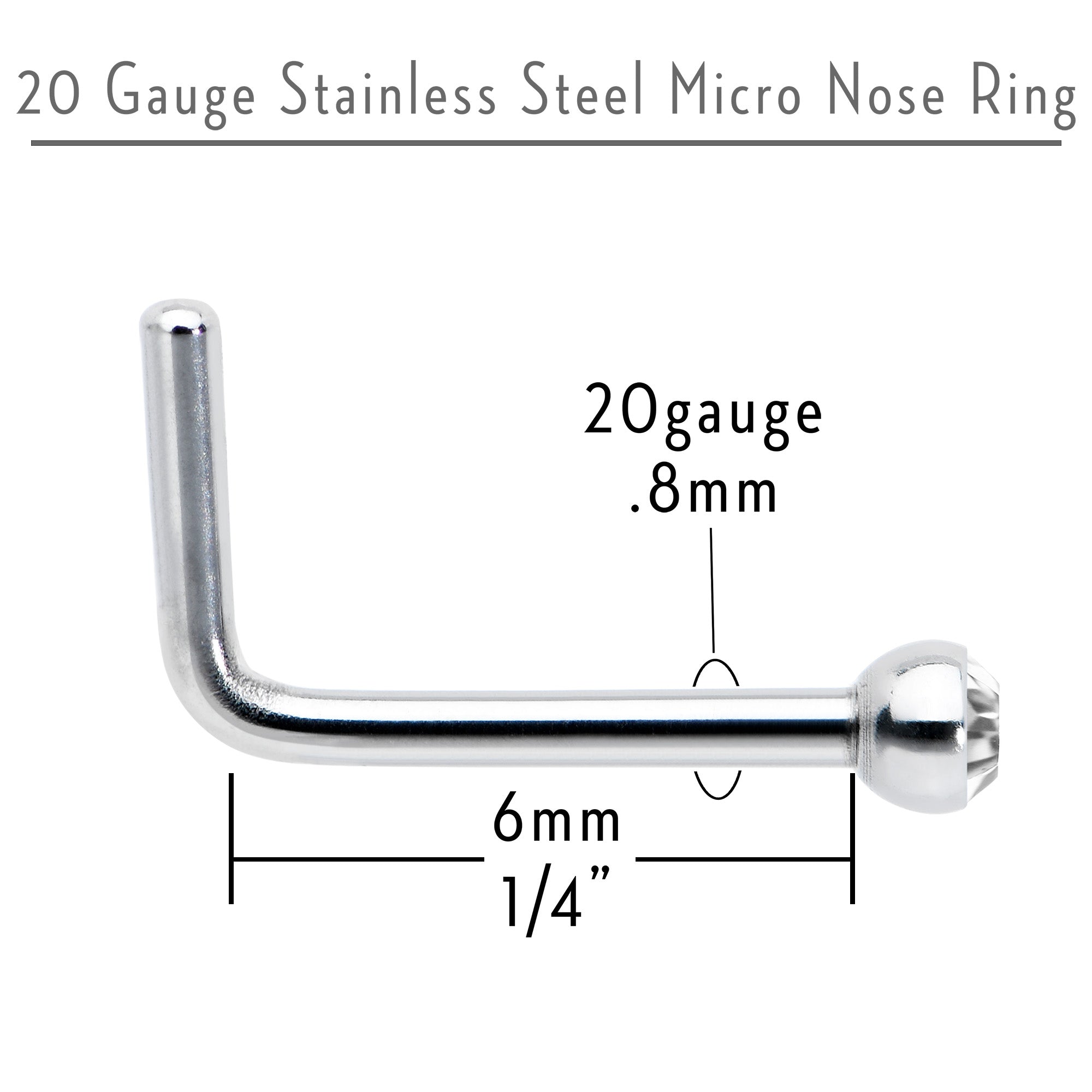 20G Stainless Steel Clear Gem Micro Nose Ring L-Shaped