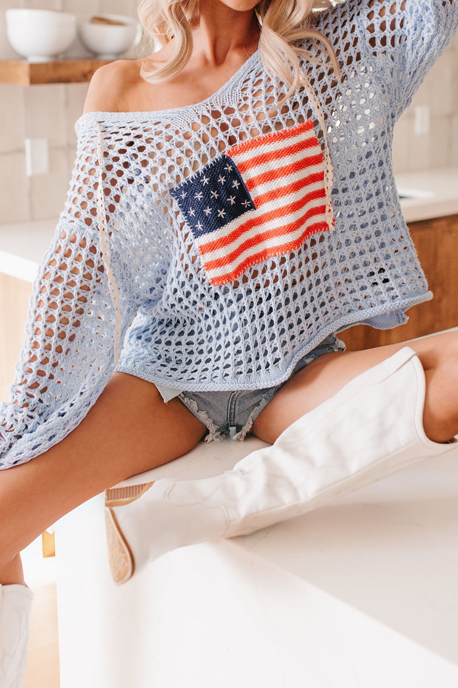 Beau Blue Hollow Out Crochet Knit American Flag Patched Sweater Hoodie
