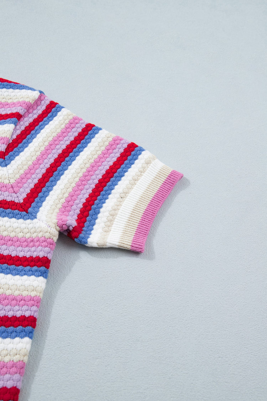 Multicolour Textured Stripes Knit Short Sleeve Sweater