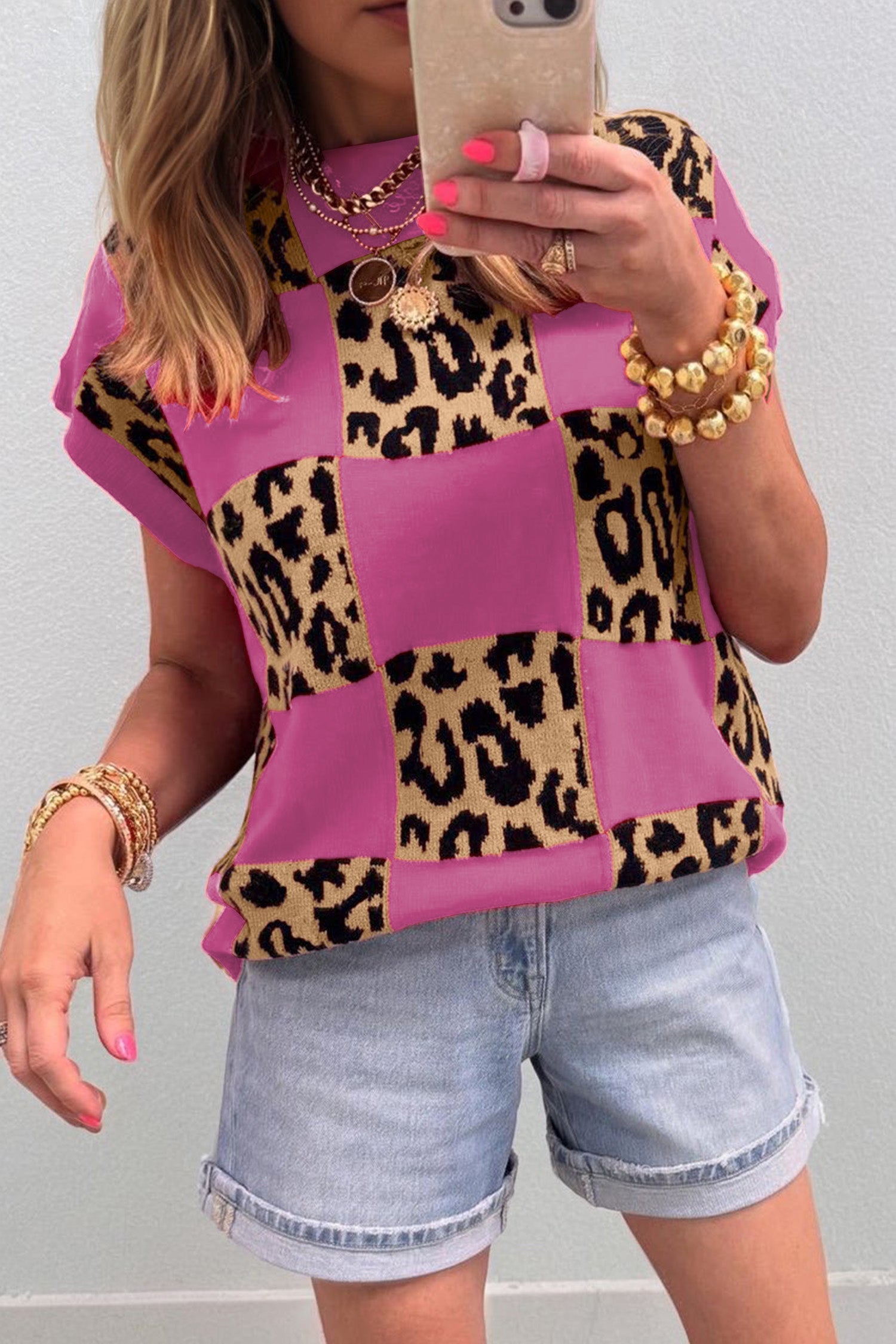 Rose Red Leopard Checkerboard Short Sleeve Knit Sweater