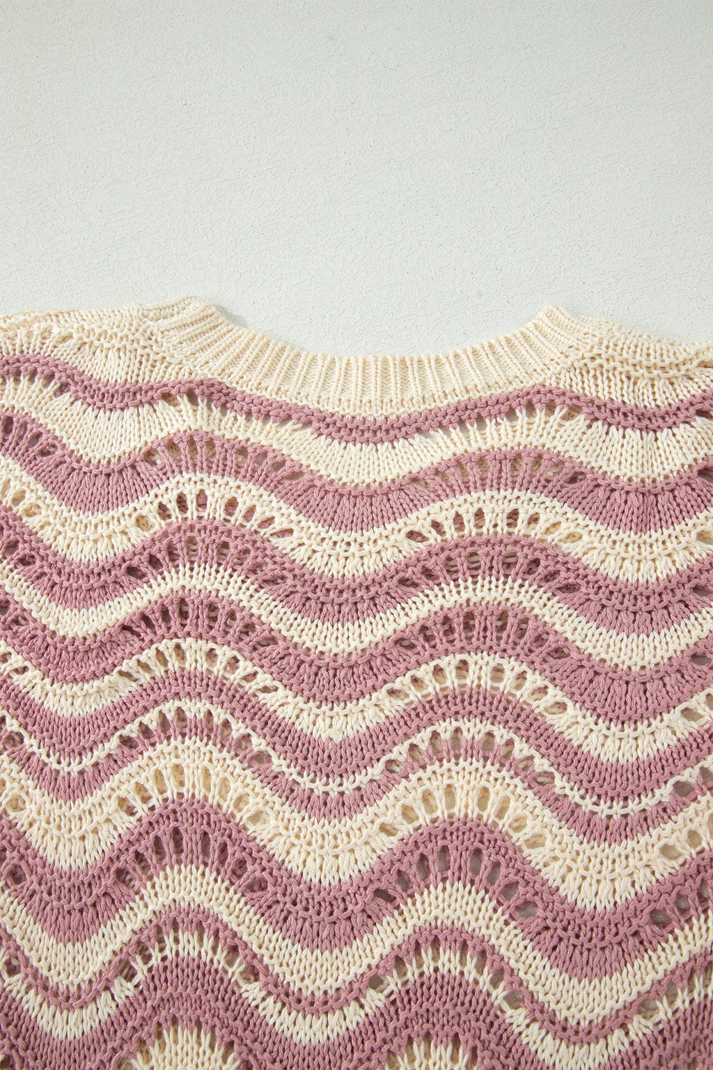 Beige Stripe Wavy Crochet Eyelet Detail Ruffle Half Sleeve Sweater