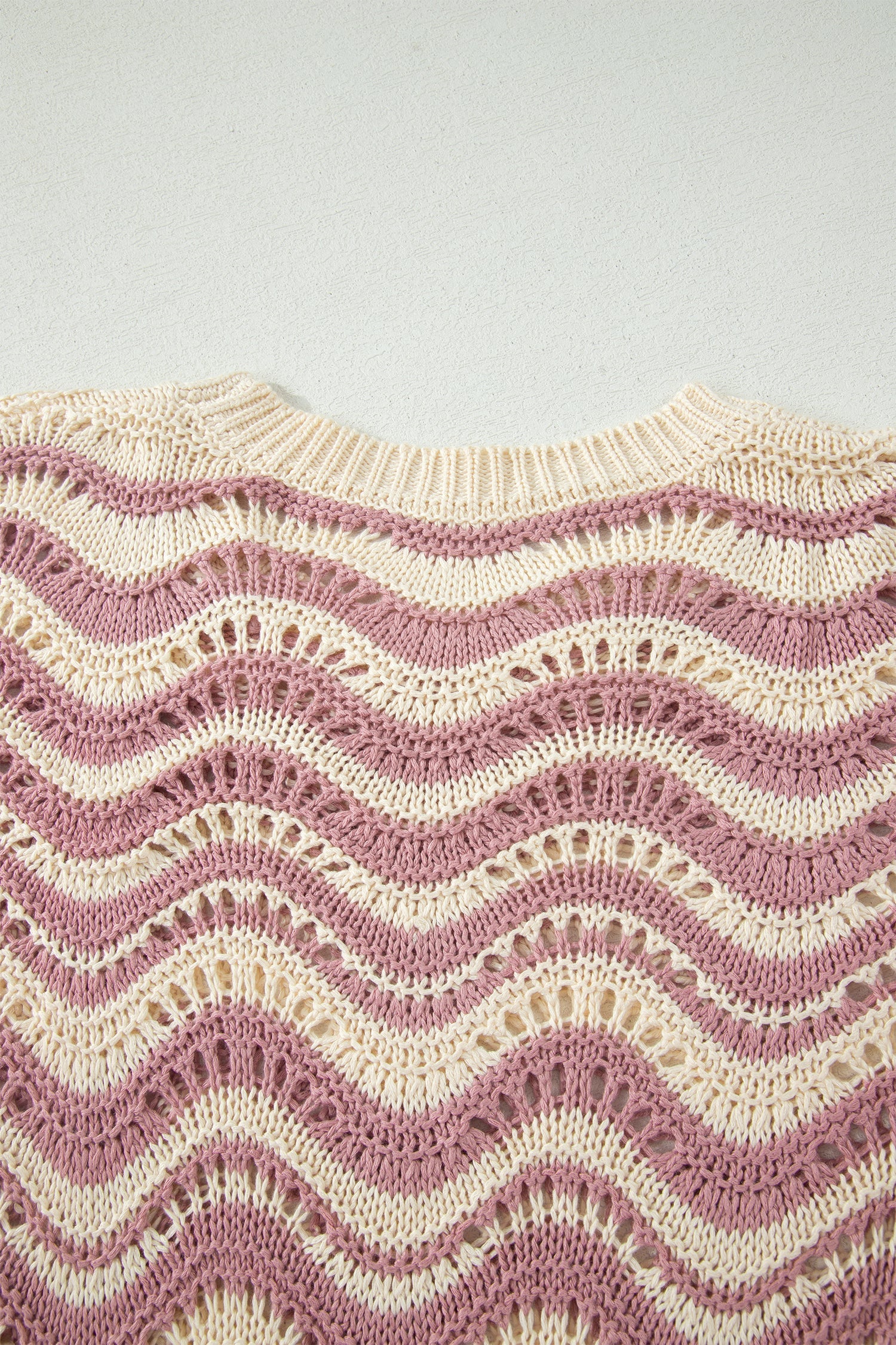 Beige Stripe Wavy Crochet Eyelet Detail Ruffle Half Sleeve Sweater