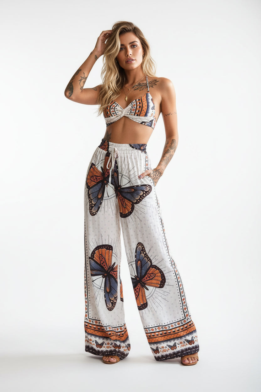 Damen Federdruck Crop Top & Hose Set – 2-teiliges Urlaubsoutfit