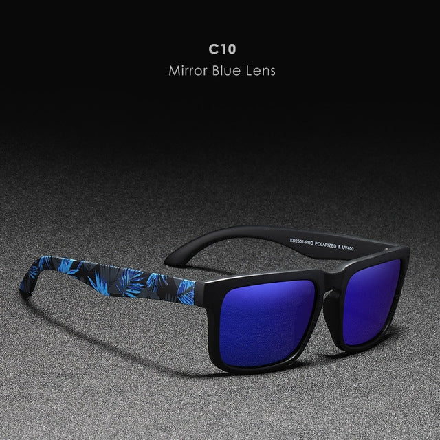 Sunglasses with blue mirror lenses on a dark background